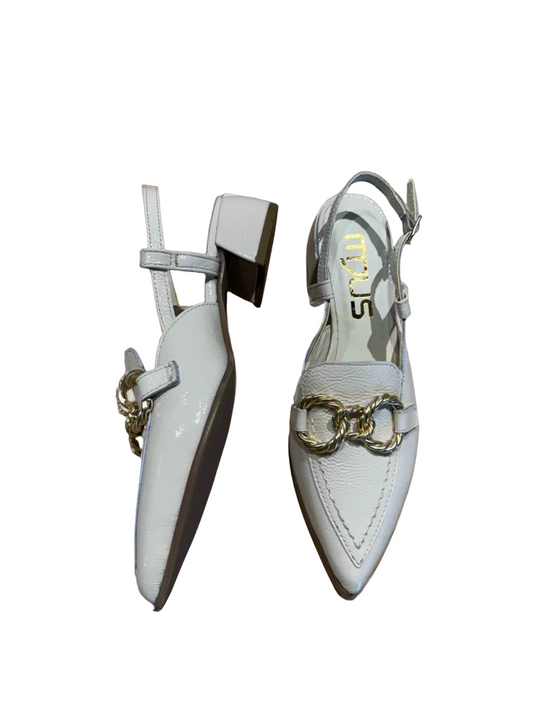 Cream patent sling backs with pointed toe, gold chain detail. Heel approximately 1 inch.