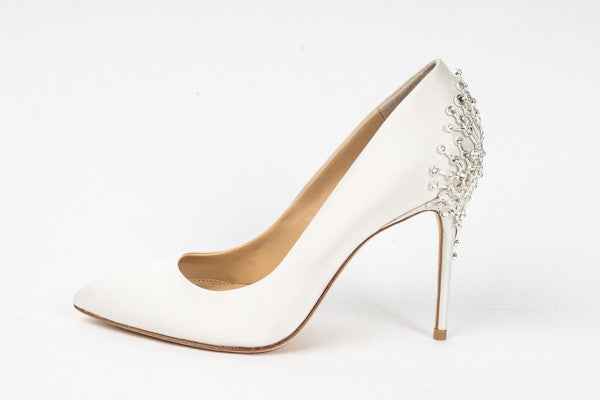 Olive Bejeweled Satin Pump W/Leather Sole