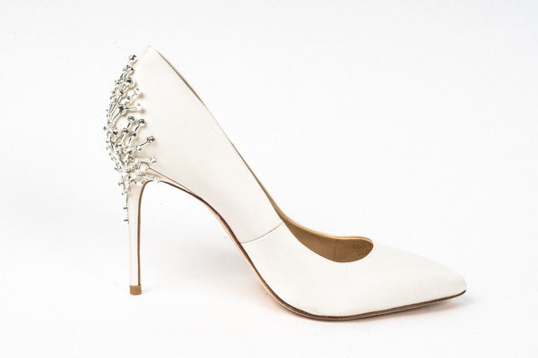 Olive Bejeweled Satin Pump W/Leather Sole